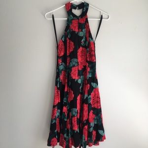 Rose Print Open Back High Neck Dress